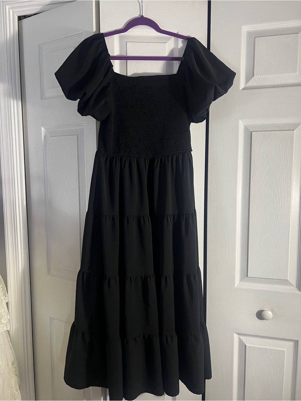 Smocked Square-Neck Black Maxi Dress with Puff Sleeves